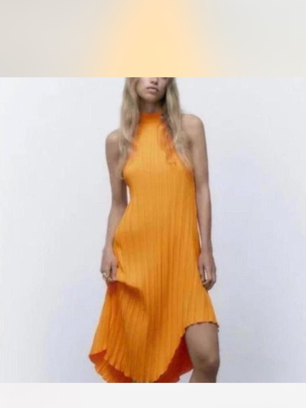 Zara Orange Pleated High-Neck High-Low Dress